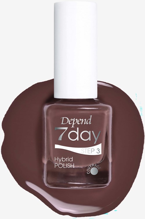 En flaska Depend 7 Day Hybrid Polish nagellack i mörkbrun färg med vit kork, delvis spilld.