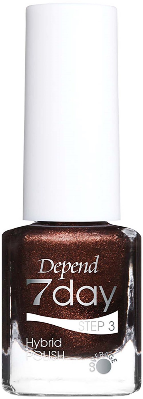 Flaska med Depend 7 Day hybrid nagellack i mörkbrunt med vitt lock.
