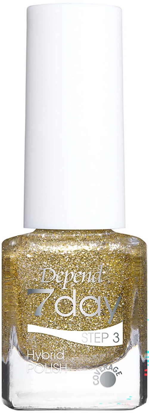 En flaska Depend 7 Day hybrid nagellack med vit kork och guldfärgad glitter.