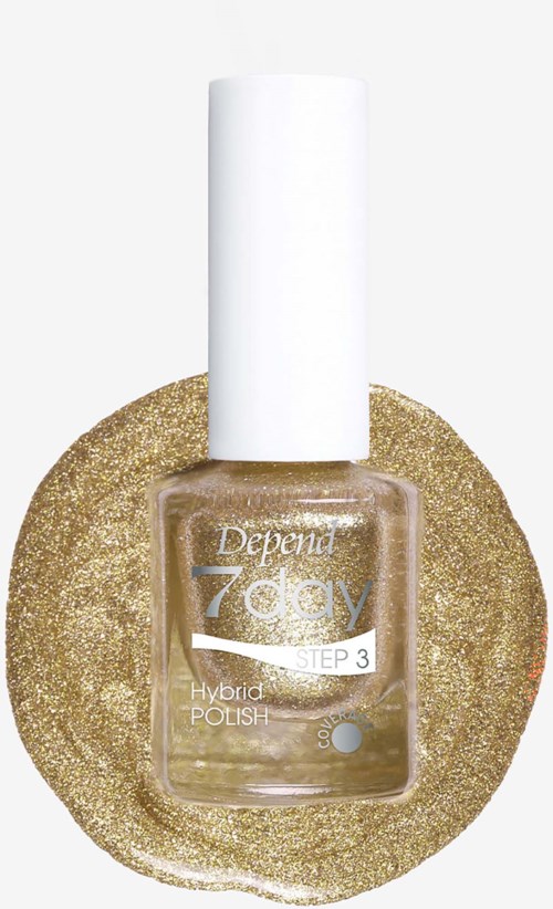 En flaska Depend 7 Day Hybrid Polish nagellack i en genomskinlig glasflaska med guldig glitterbakgrund.