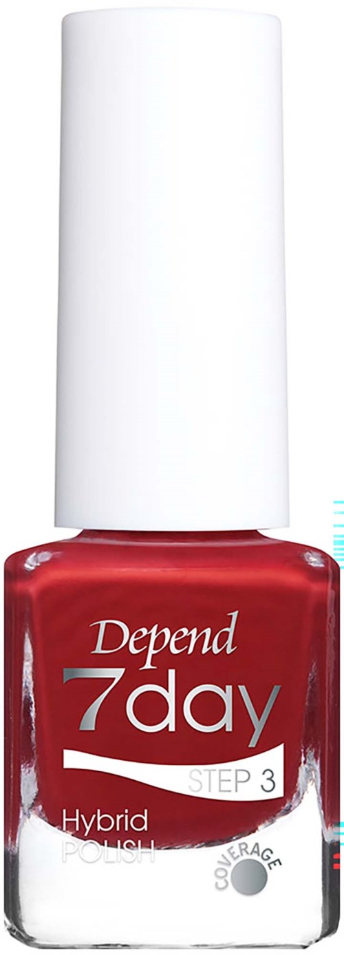 Röd Depend 7day hybrid nagellackflaska med vit kork och etikett som visar att det är steg 3.