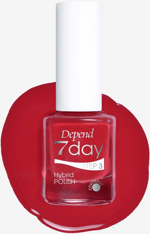 Röd nagellackflaska märkt Depend 7day Hybrid Polish Step 3. Den vilar på ett rött lager nagellack.