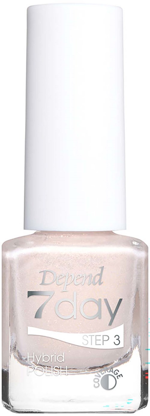 En klar glasflaska med nagellack och vit topp, märkning Depend 7 day steg 3, hybridnagellack.