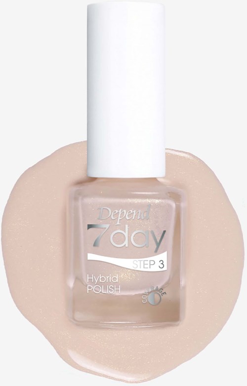 Klar nagellacksflaska med vit lock, märkt Depend 7 day Step 3 Hybrid Polish, på en beige yta.
