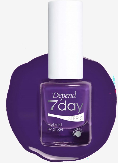 Lila nagellacksflaska med vitt lock och Depend 7day-märke, placerad på en lila färgstänkbakgrund.