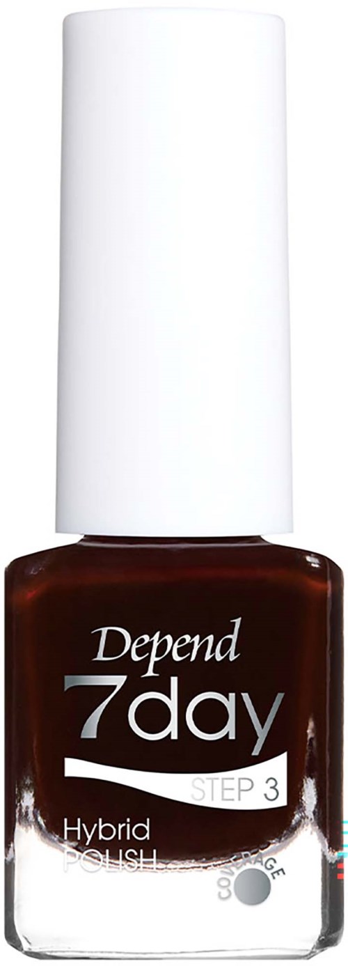 En nagellacksflaska med vit kork och mörkbrun vätska, märkt Depend 7day Step 3 hybrid lack.