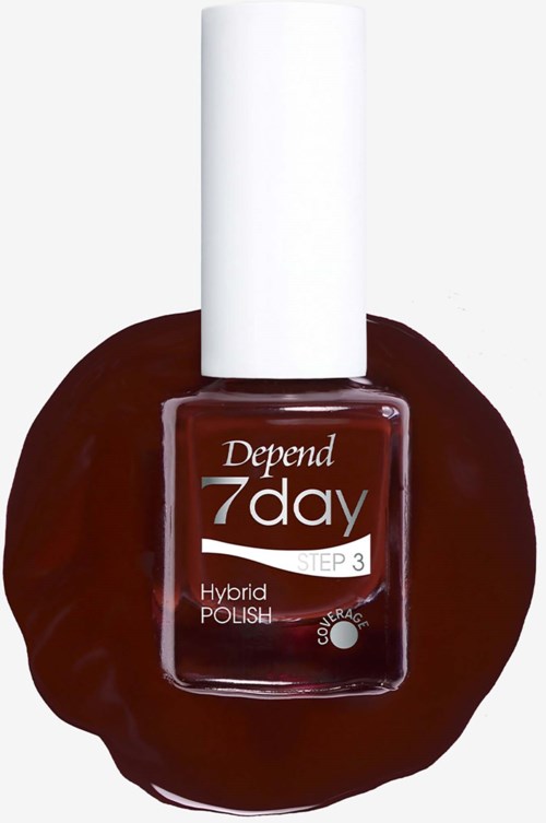 Flaska Depend 7day Hybrid Polish nagellack med vitt lock på en mörkbrun yta.