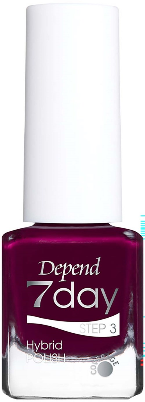 Flaska med Depend 7 Day nagellack i mörklila med vitt lock, märkt som steg 3 i en gelhybridserie.