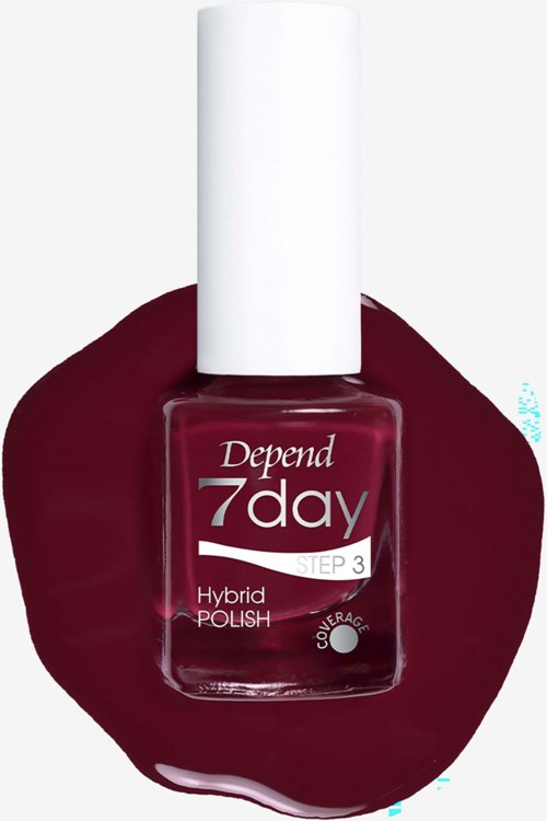 Depend 7day steg 3 Hybrid Polish nagellackflaska med vit lock, omgiven av spilld lack.