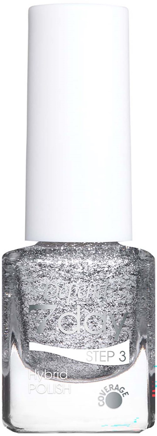 Silver glitter nagellack i en genomskinlig flaska med vit kork, märkt steg 3 hybridlack.