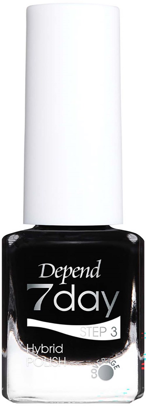Svart Depend 7day hybrid nagellacksflaska med vit lock, visar produktetiketten.