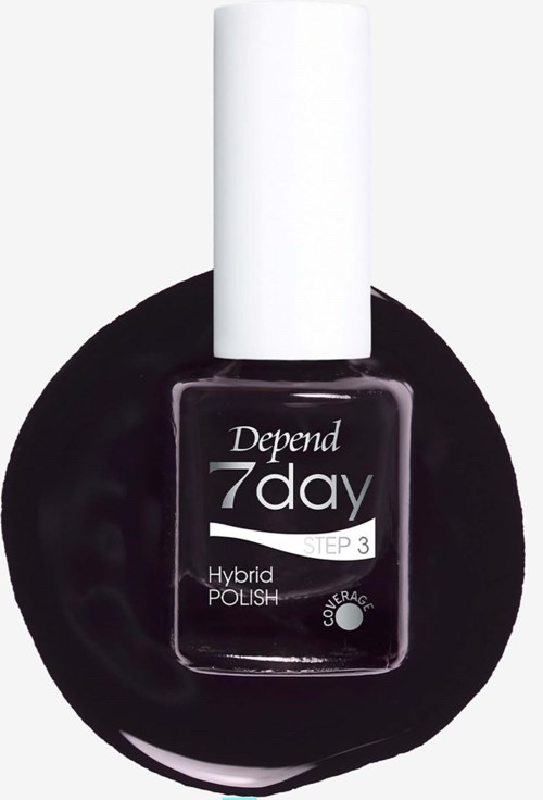 Svart nagellacksflaska med vitt lock märkta Depend 7day Hybrid Polish Steg 3.