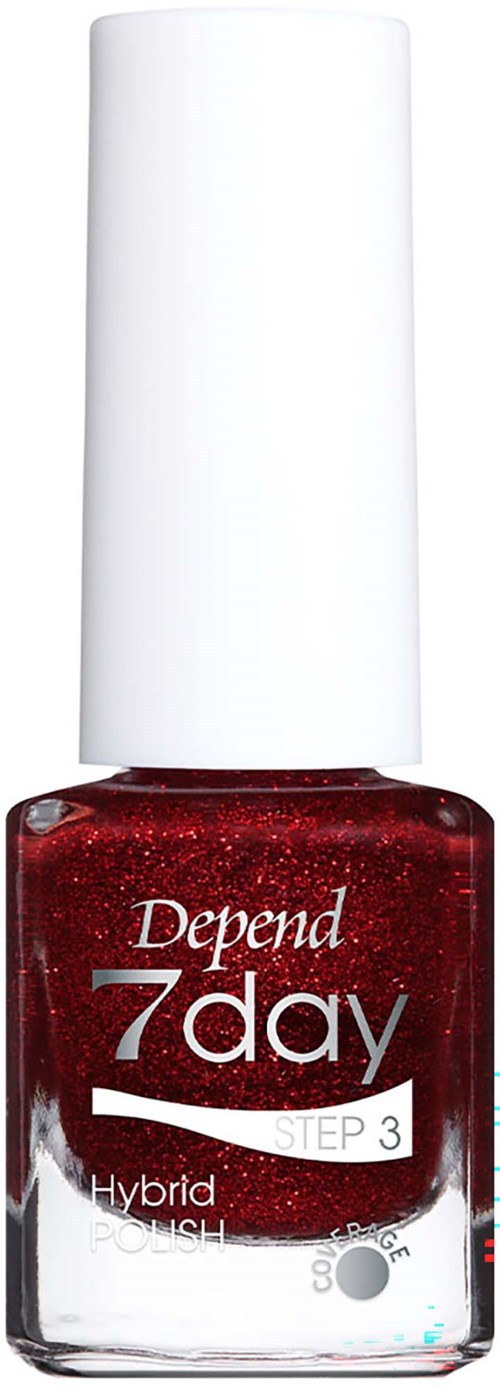 Punainen glitterkiiltoanal usero Depend 7day, merkinnällä Step 3 Hybrid Posh. Valkoinen korkki ja kirkas pohja.