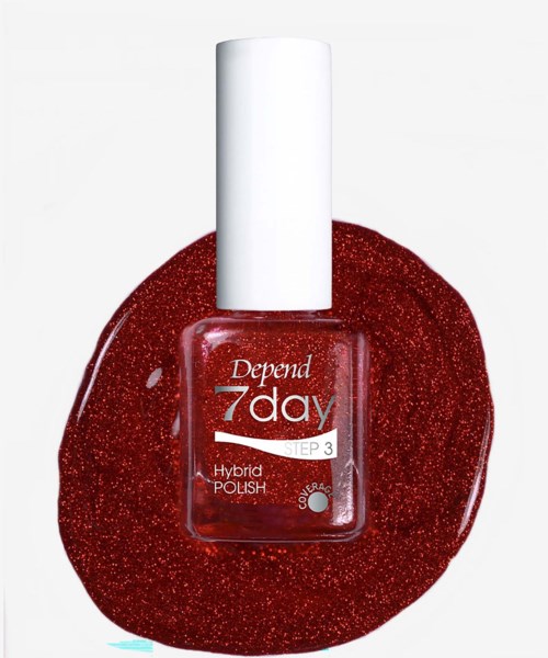 Punainen kynsilakkapullo, joka on merkitty Depend 7day vaihe 3 Hybrid polish, punaisella glittertaustalla.