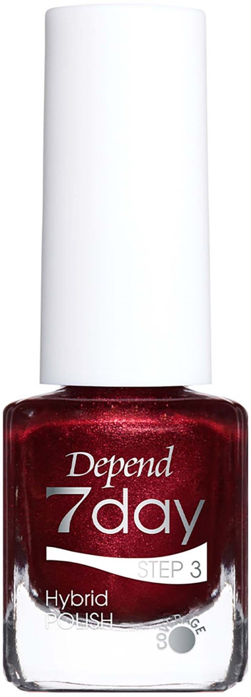 Punainen henkisettin kynsilakkapullo, jossa valkoinen korkki, merkki Depend 7day Hybrid Polish Step 3.