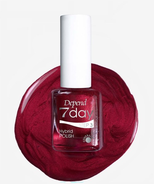 Punainen kynsilakkapullo merkinnällä Depend 7day Step 3 Hybrid Polish taustalla kierrettyä kynsilakkaa.