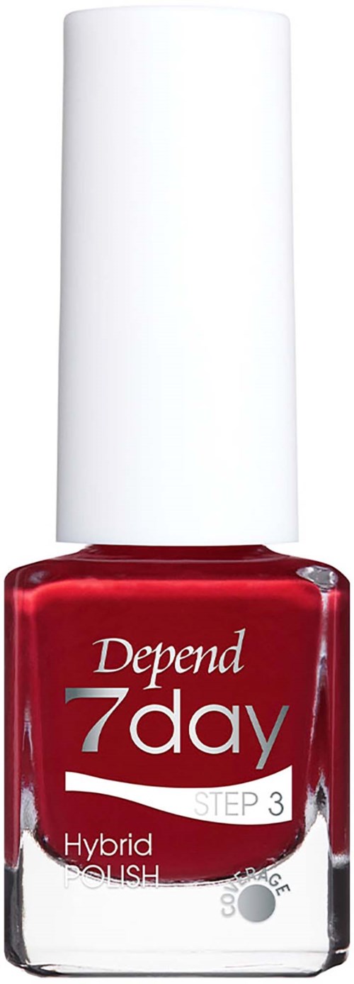 Punainen Depend 7day hybrid -kynsilakkapullo, jossa valkoinen korkki ja etiketti, vaihe 3.