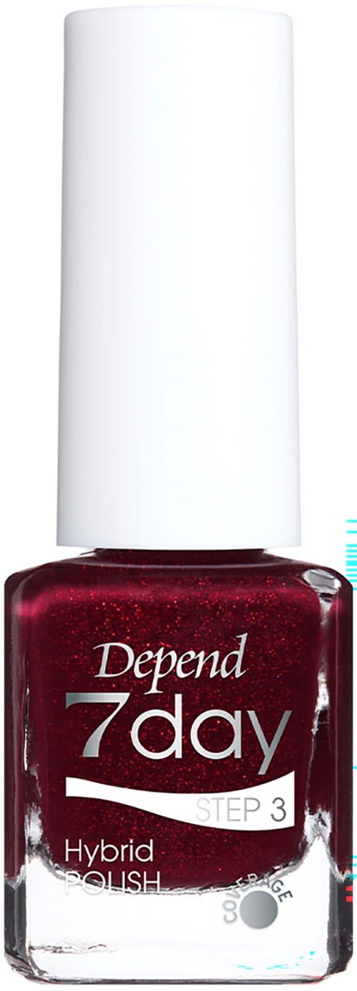 Pullollinen Depend 7day Hybrid Gel kynsilakka, vaihe 3, kiiltävä tummanpunainen.