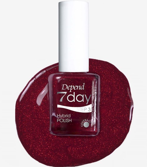 Punainen kynsilakkapullo merkinnällä Depend 7day Hybrid Polish Step 3 punaisella glitterpohjalla.
