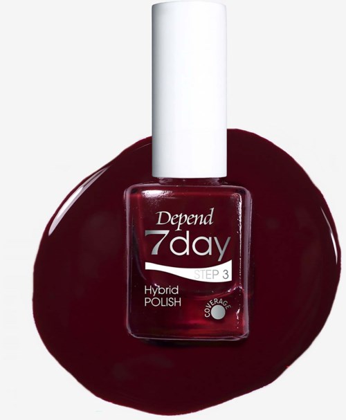Burgundinpunainen Depend 7 day hybrid kynsilakka valkoisella korkilla valkoisella taustalla, ympärillä roiske kynsilakkaa.