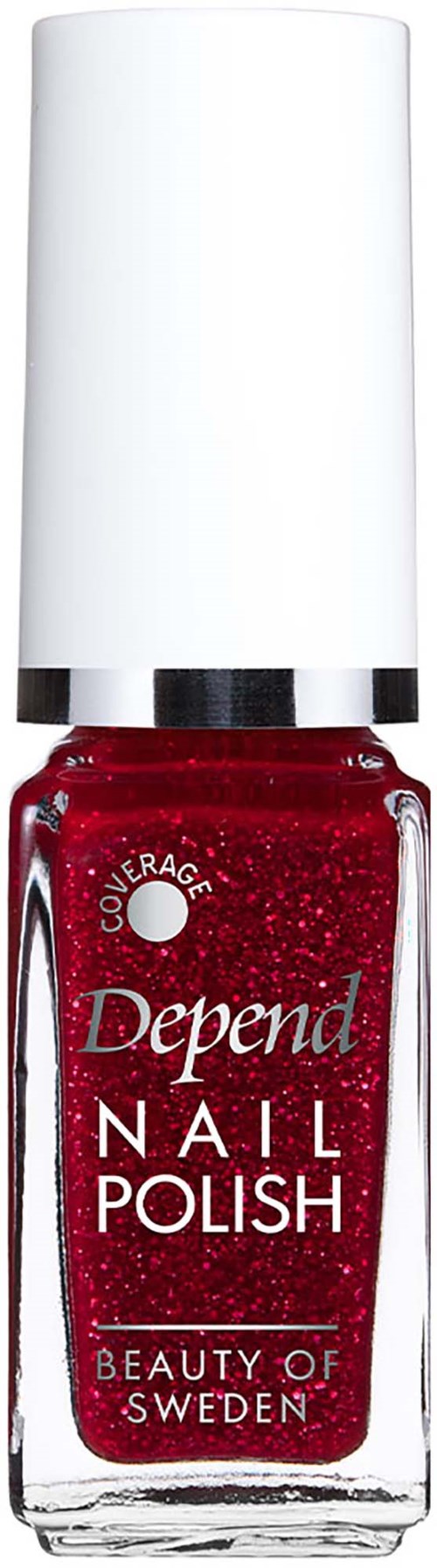 Punainen glitterkynsilakkapullo, jossa valkoinen korkki, Depend-merkkinen, lukee Nail Polish ja Beauty of Sweden.