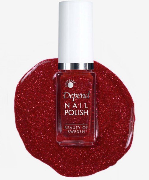 Punainen kynsilakkapullo, jossa valkoinen kansi ja glitterinen punainen tahra, merkitty Depend Nail Polish ja Beauty of Sweden.
