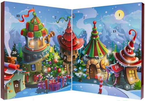 Färgglad julinspirerad adventskalender med numrerade dörrar och festliga husdekorationer.