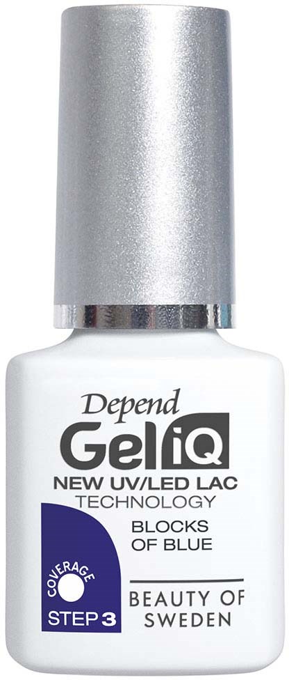 A white bottle with silver cap, label says Depend GeliQ, blocks blue, Swedish beauty product, step 3.