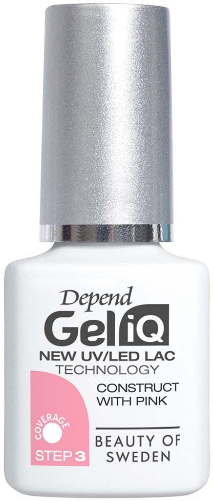 White nail polish bottle with pink and black text. Silver cap, labeled "Depend GellQ."