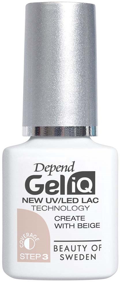 White nail polish bottle with silver cap and black, gray, and beige text. It mentions UV/LED technology and beige color.
