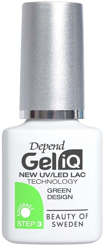 Vit nagellackflaska med silverlock, märkt Depend GeliQ, grön design, och nämner UV/LED-teknik.