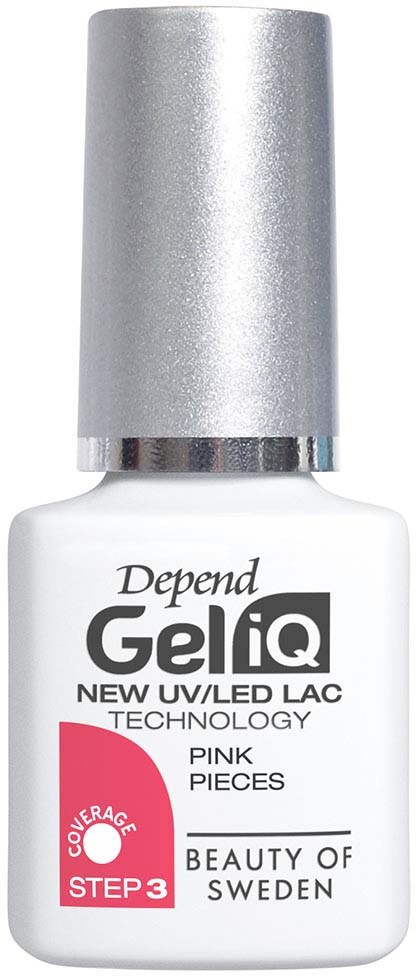 A white bottle with silver cap, labeled as Depend GeliQ pink pieces, related to nail or beauty product technology.