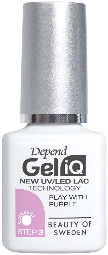Vit nagellackflaska med silverlock, märkt "Depend Gel iQ" och finns i lila, nämner UV/LED-teknologi.