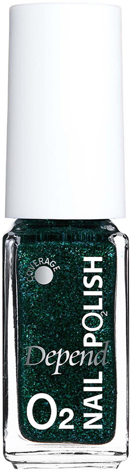 Korkki, jossa tummanvihreä kynsilakka, etiketissä Depena O2 Nail Polish.
