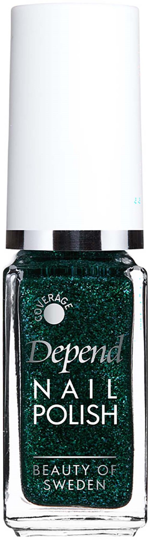 Lähikuva tummasta kiiltävästä kynsilakkapullosta, jonka kansi on valkoinen, ja se on merkitty Depend Nail Polish by Beauty of Sweden.