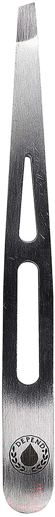 A stainless steel cuticle pusher with a slotted design and the brand logo near the rounded end.