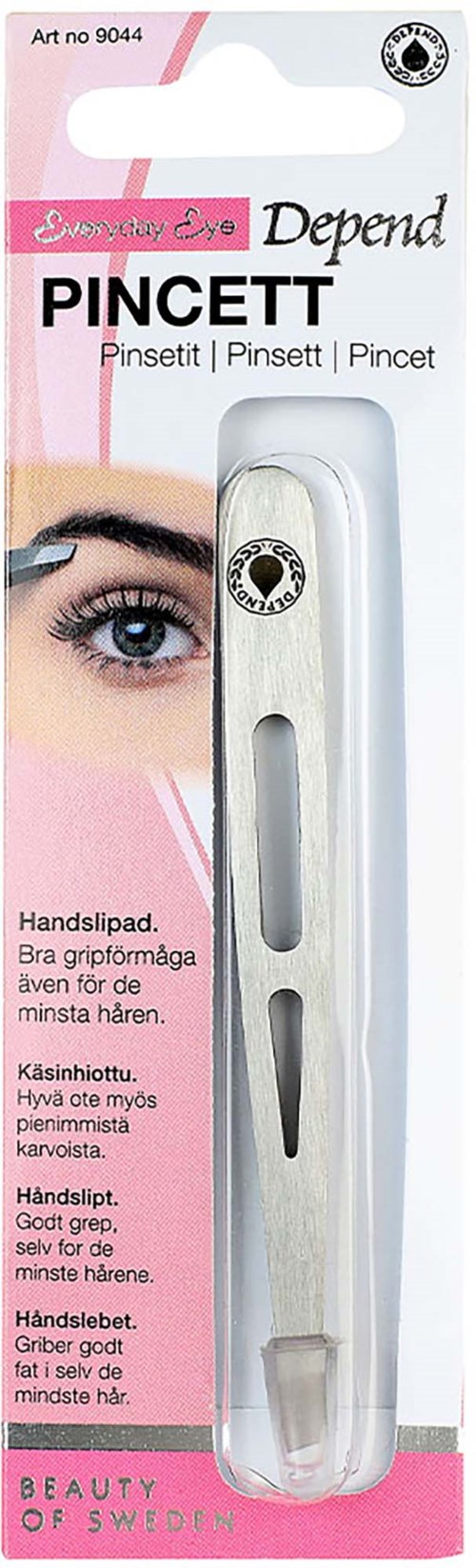A metal hairpincett with a clear plastic handle in pink and white packaging, labeled Depend Pincett.