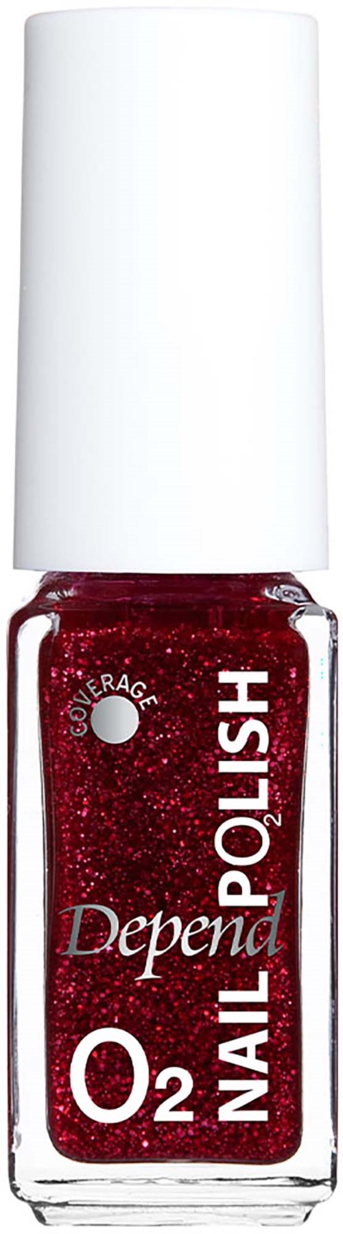 Punainen glitterkynsilakka läpinäkyvässä pullossa, valkoinen korkki, merkinnällä Depena O2 Nail Polish.