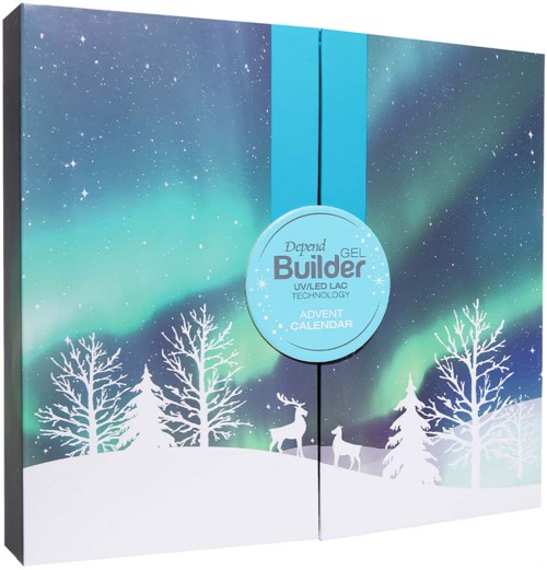 Blue box for skincare products with northern lights, trees, and reindeer illustration, and a circular label with product details.