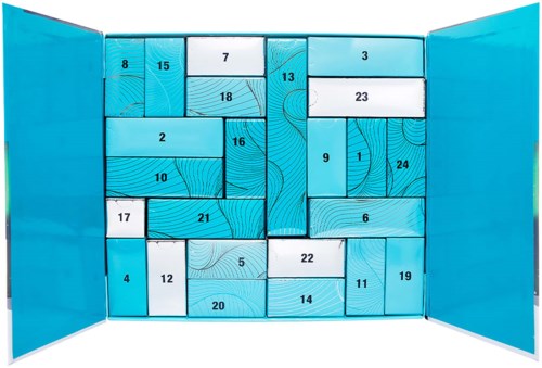 Blue advent calendar with numbered door panels, some opened showing makeup or skincare products inside.