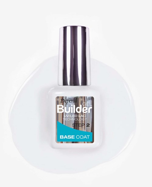 En liten flaske Depend Builder Gel base coat med sølvhette, ligger i hvitt gelutslag.