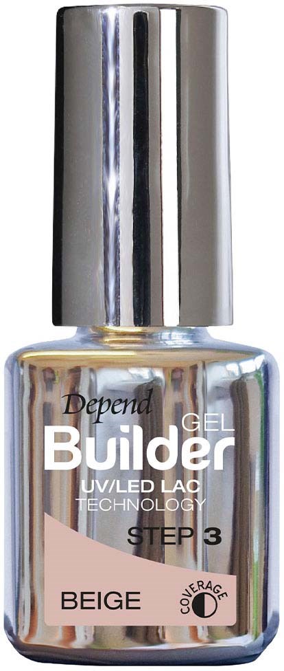 A silver nail polish bottle labeled 'Builder Gel' in beige color, with a metallic cap and UV/LED technology.