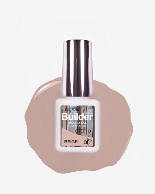 Beige neglelakk i en kvadratflaske med sølvhette, merket som Builder Gel UV/LED-lakk, på en beige bakgrunn.