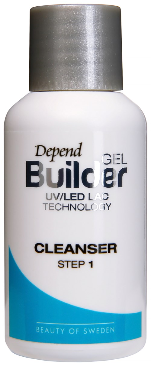 A white bottle with a silver cap labeled Depend Builder Gel Cleaner, used for nail gel removal.