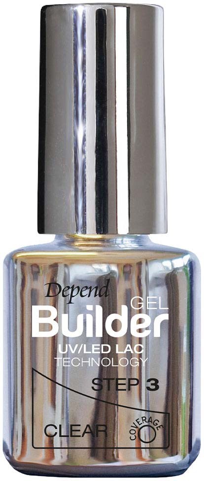 A silver, reflective bottle labeled 'Builder Gel,' with a silver cap, used for nail gel application.
