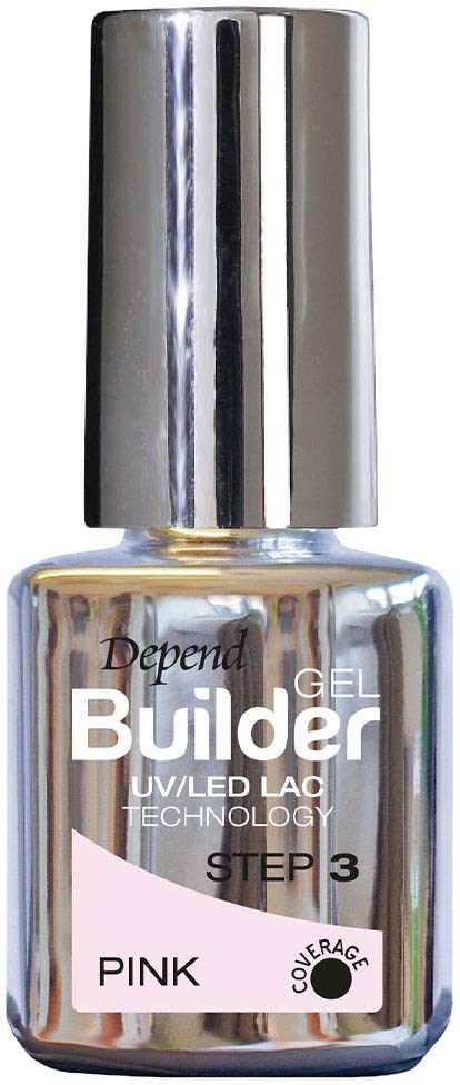A small glass bottle with a silver cap, labeled "Builder Gel" in pink and white, used for nails.