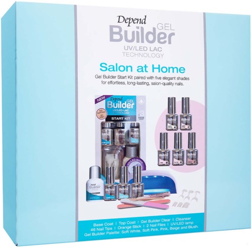 Gel Builder Starter Kit with nail polishes, tools, and instructions for at-home gel manicure.
