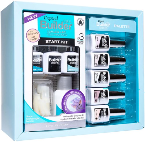 Beauty skincare kit with gel builder, UV lamp, and nail polish bottles in a blue box.