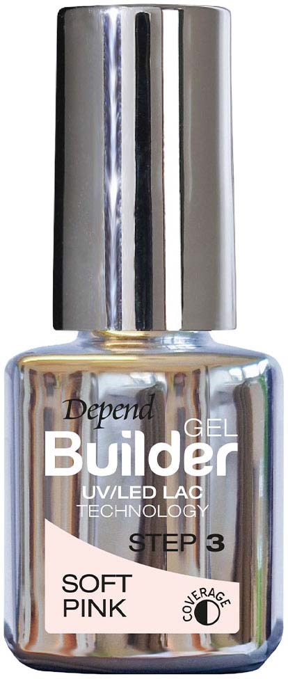 A small bottle of gel nail polish in pink, with a shiny silver cap, labeled 'Builder Gel' and 'Soft Pink'.