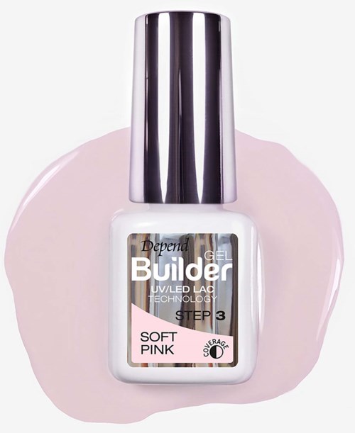 Neglelakkflaske med sølvhette på en rosa gelbakgrunn. Etiketten sier Builder Gel Trinn 3 Myk rosa.